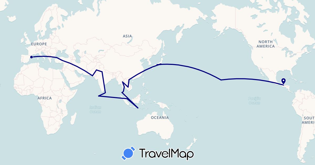 TravelMap itinerary: driving in Spain, Guatemala, Indonesia, India, Japan, Cambodia, Sri Lanka, Maldives, Pakistan, Singapore, Thailand, Turkey, United States, Vietnam (Asia, Europe, North America)